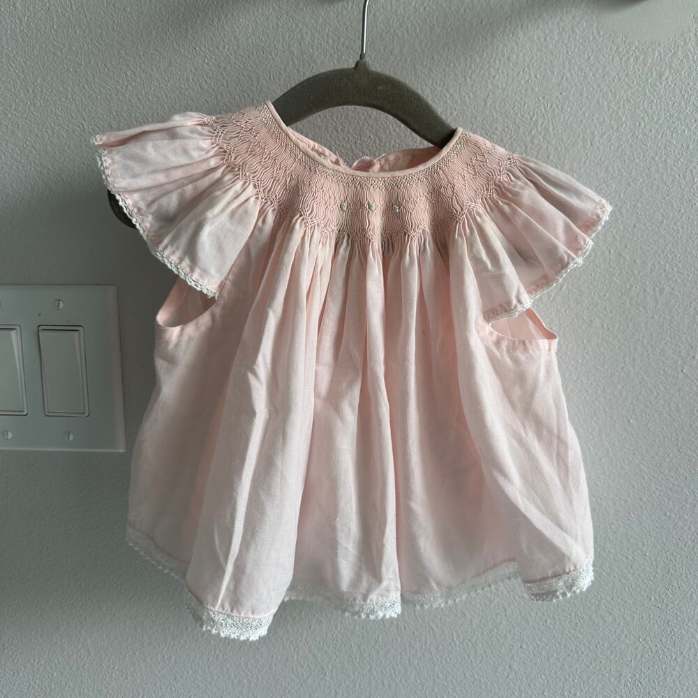 Vintage handmade smocked cotton Pink Baby Top